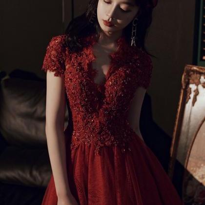 Burgundy Prom Dress, V-neck Evening Dress,lace..