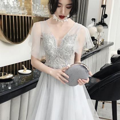 Grey Evening Dress, V-neck Bridesmaid Dress,..