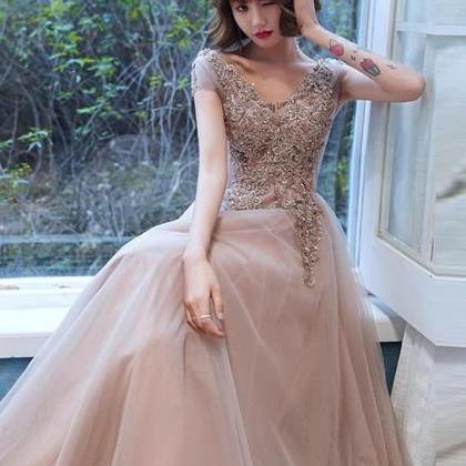 V-neck Evening Dress,pink Bridesmaid Dress, Fairy..