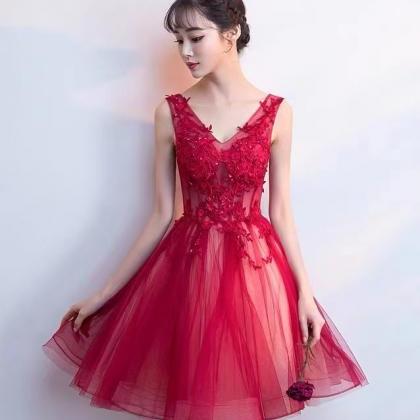 V-neck Bridesmaid Wedding Evening Dress , Red..