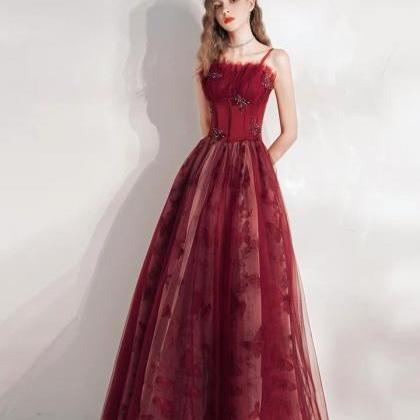 Summer, Long Red Prom Dress, Spaghetti Strap..