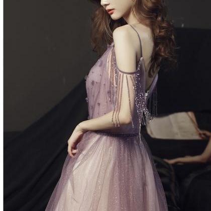 Purple Fringed Shoulder Gown ,spaghetti Strap Prom..