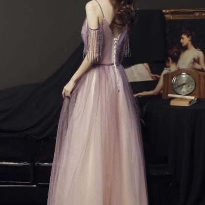 Purple Fringed Shoulder Gown ,spaghetti Strap Prom..