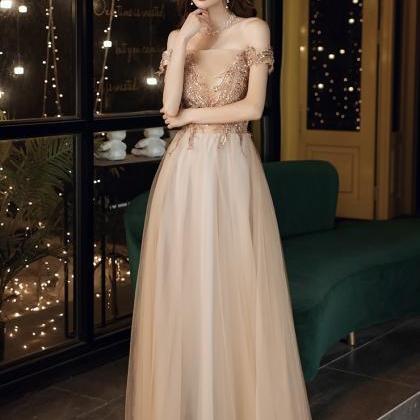 Champagne Star Prom Gown, Off Shoulder Beaded..