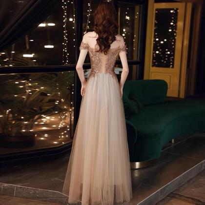 Champagne Star Prom Gown, Off Shoulder Beaded..
