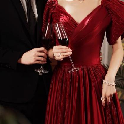 Burgundy Prom Dress, V-neck Satin Evening..
