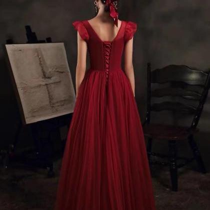 Burgundy Prom Gowns,cap Sleeve Party Dress,custom..