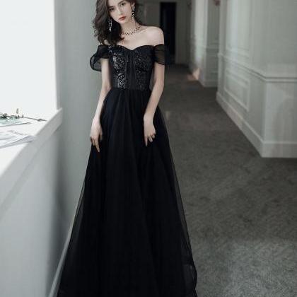 Off Shoulder Evening Dress, Elegant Black Long..