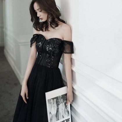 Off Shoulder Evening Dress, Elegant Black Long..