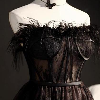 Black Feather Evening Dress, Temperament Short..