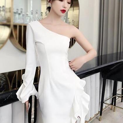 White Little Evening Dress, One-shoulder Prom..
