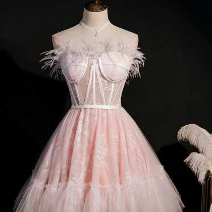 Feather Pink Dress, Light Luxury Lace Dress, Fairy..