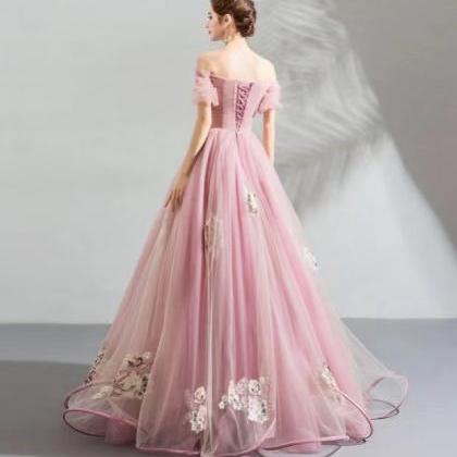 Fairy Pink Bridal Gown, Off-the-shoulder Applique..