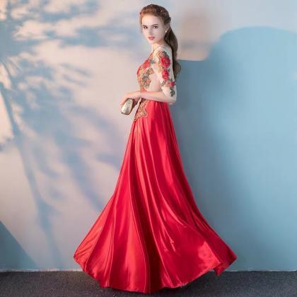 Mid Sleeve Red Evening Dress, Satin Prom Dress..