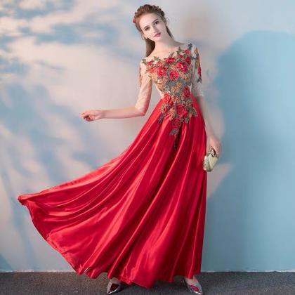 Mid Sleeve Red Evening Dress, Satin Prom Dress..