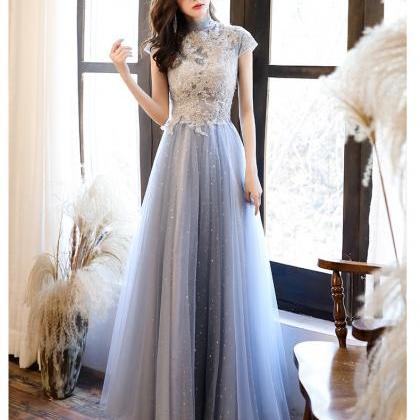 High-neck Evening Dress, Blue Socialite Dress,..