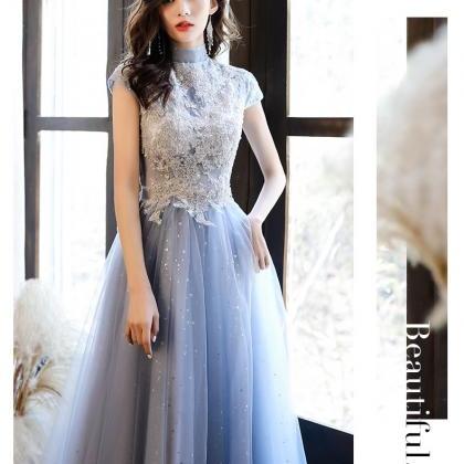 High-neck Evening Dress, Blue Socialite Dress,..