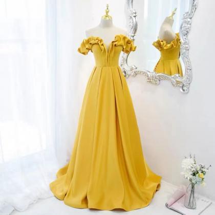 Long Yellow Prom Dress, Off Shoulder Fashionable..