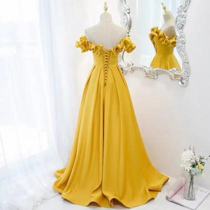 Long Yellow Prom Dress, Off Shoulder Fashionable..