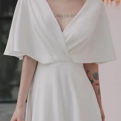 White Evening Dress, Temperament Satin Dress..