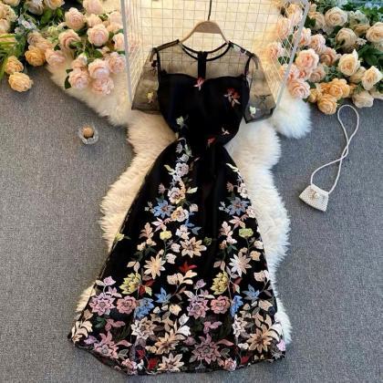 Heavy Embroidery Dress, Floral, Elegant, Round..
