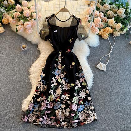 Heavy Embroidery Dress, Floral, Elegant, Round..