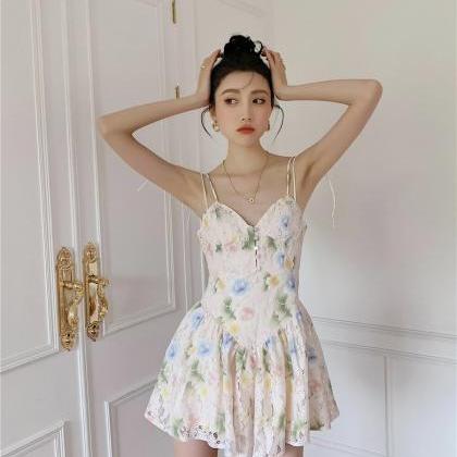 Lace Flower, Cute, Fairy Halter Dress, V-neck..