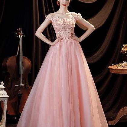 Pink Flower Prom Dress, Off Shoulder Evening..