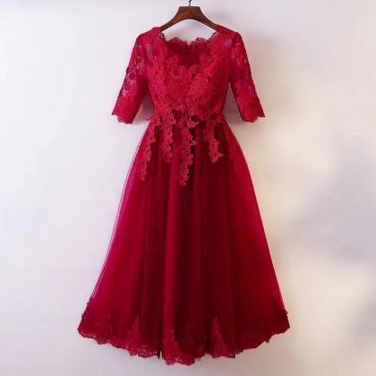 High Waist Midi Burgundy Dress,lace Homecoming..
