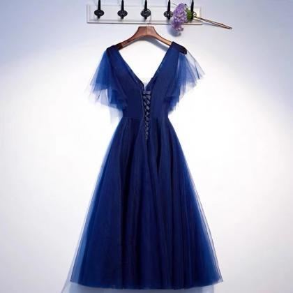 Navy Blue Evening Dress, V-neck, Simple Birthday..