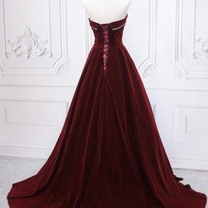 Burgundy Velvet Evening Dress, Fashion Vintage..