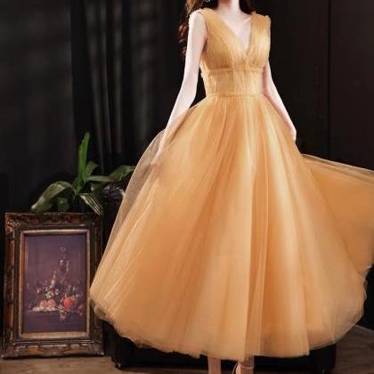 V-neck Party Dress, Yellow Bridesmaid Dress,..