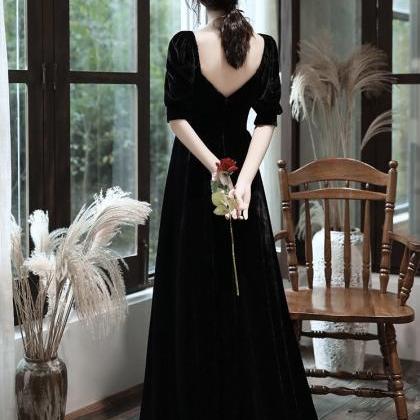 Black Velvet Dress, Elegant Long Sleeve Formal..