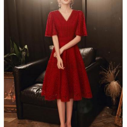 Red Homecoming Dress,v-neck Lace Party..