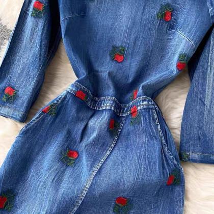 Vintage, Rose-embroidered Denim Dress, Classy..
