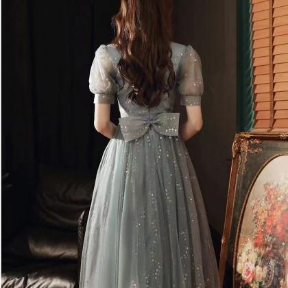 V-neck bridesmaid dress, shiny birt..