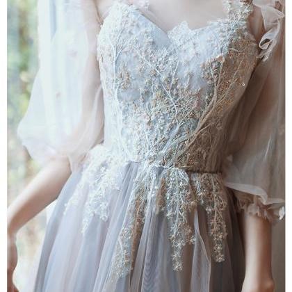 Fall, Long Sleeves Prom Dress, Fairy Applique..