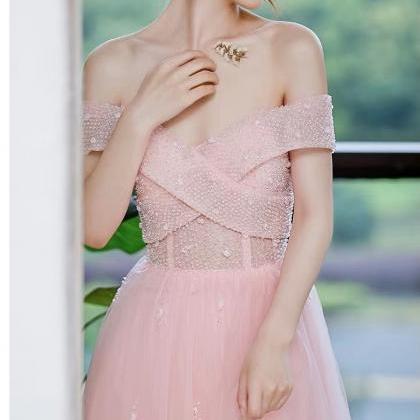 Pink Prom Dress, Off Shoulder Evening Gown, Beaded..