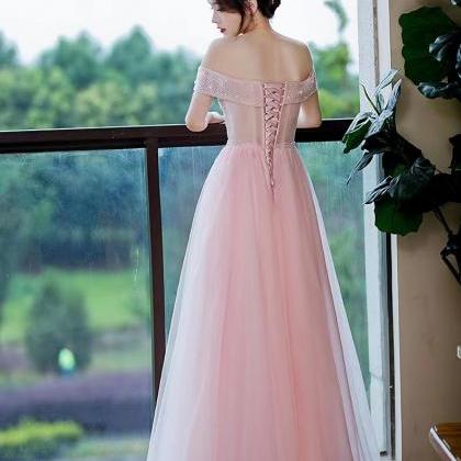 Pink Prom Dress, Off Shoulder Evening Gown, Beaded..