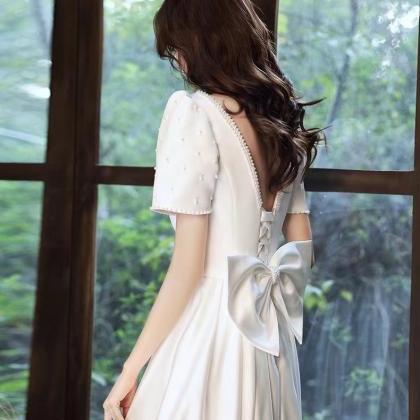 White Evening Dress, Class, Satin Princess Bow..