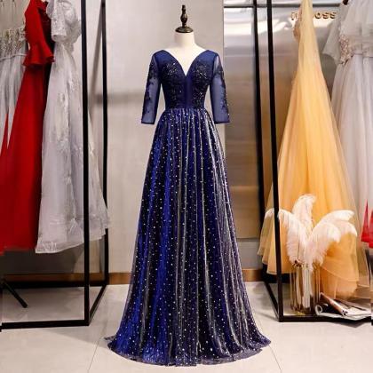 Royal Blue Evening Dress, Long Fairy Dress, V-neck..