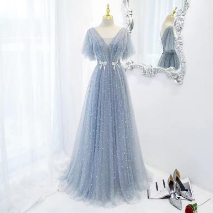 Romantic Evening Gown, Elegant Party Dress, V-neck..