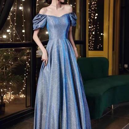 Star Evening Dress, Blue Offshoulder Prom Dress..