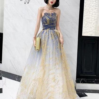 Gold And Blue Pompous Dress, Strapless Evening..