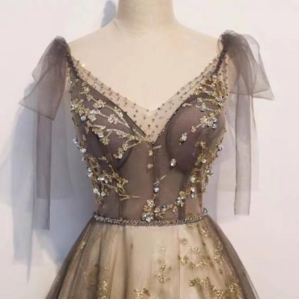 Gray Evening Dress, Class Prom Dress, V-neck Fairy..