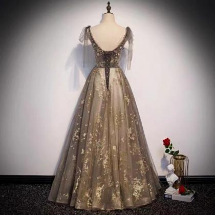 Gray Evening Dress, Class Prom Dress, V-neck Fairy..