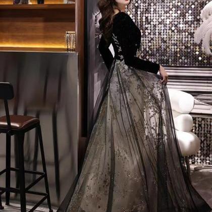 Long Sleeve Evening Dress, Black Prom Dress, ,..