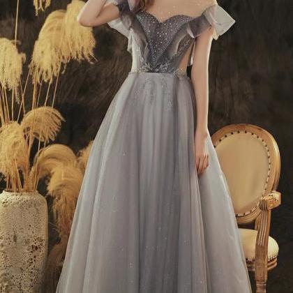 Blue Starry Night Prom Gown, Off Shoulder Party..