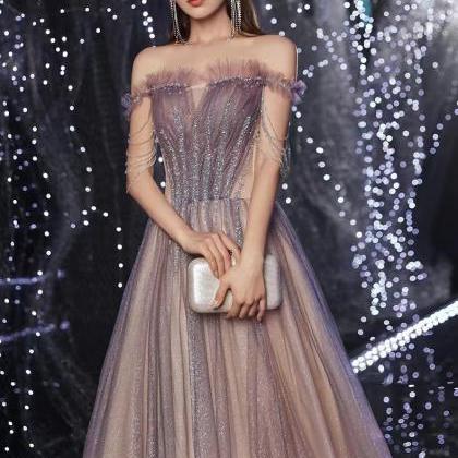 Purple Off Shoulder Prom Gown, Starry Night Dream..