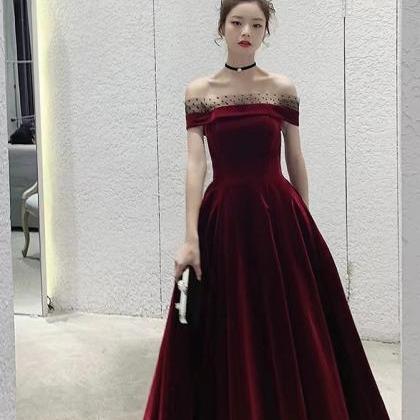 Burgundy Prom Gown, Off Shoulder Evening Gown,..
